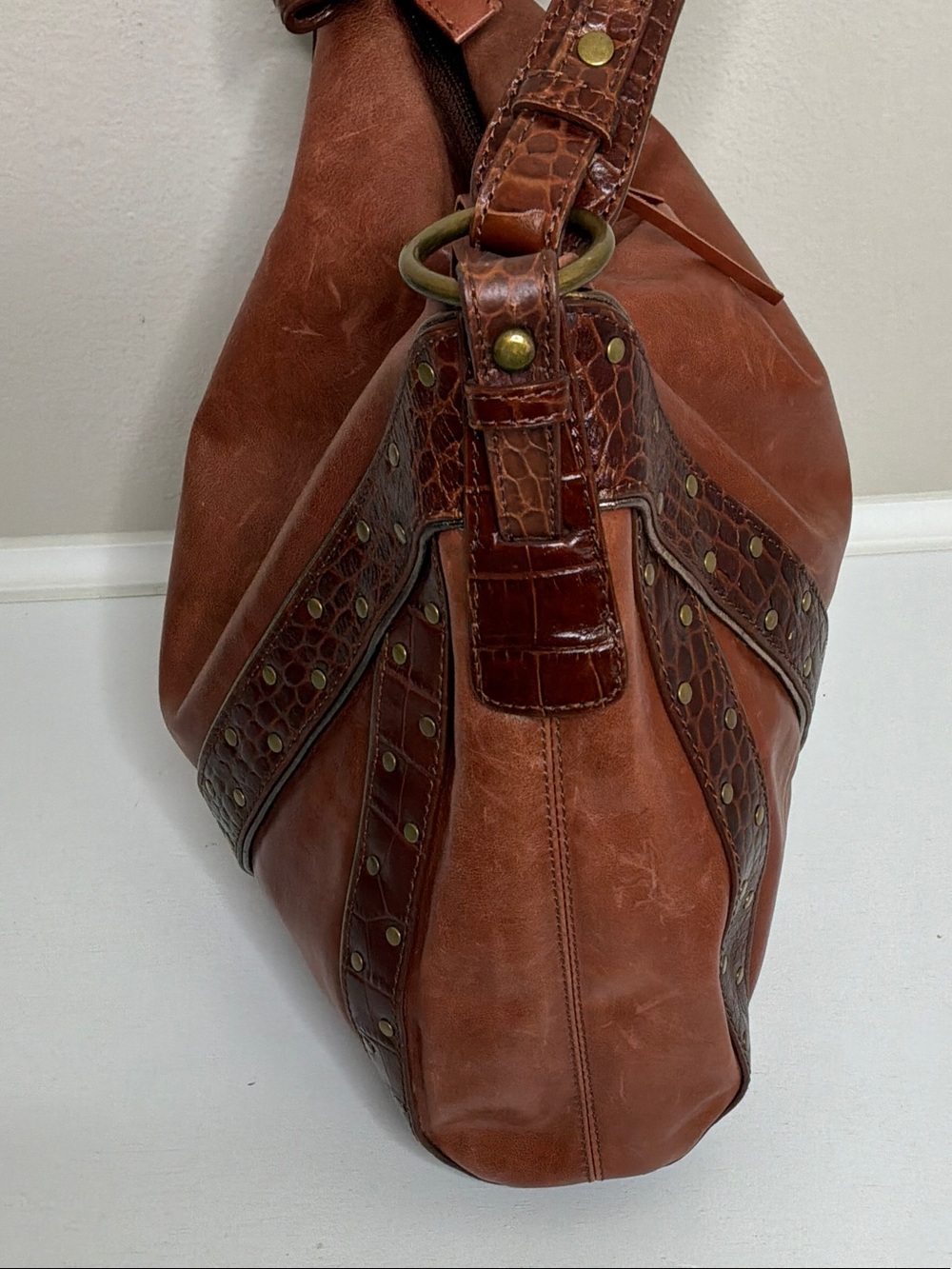 Via Spiga Cognac Leather Shoulder Bag with Studded Trim - Picture 6 of 9